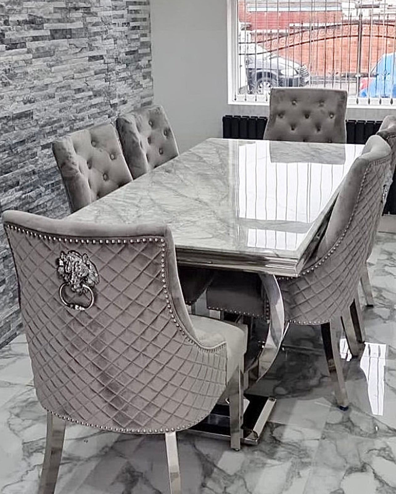 Apollo 180cm marble dining table with Mayfair lion knocker chairs