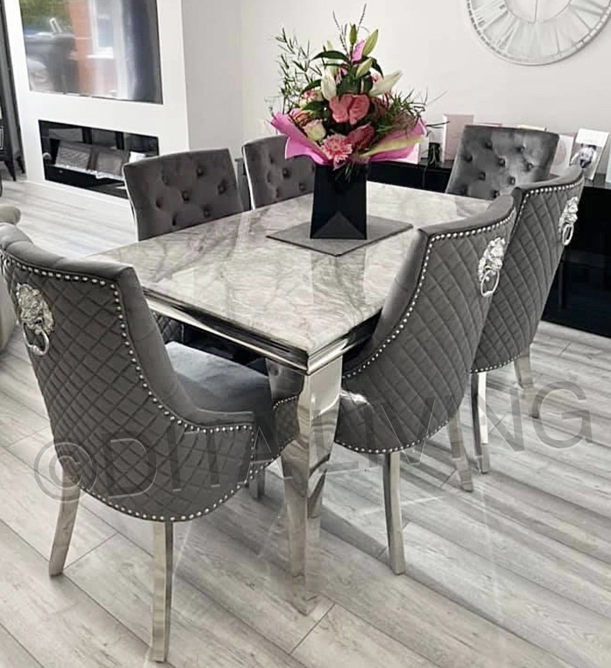 Louis 150cm Grey Marble Dining Table + 6 Dark Grey Chairs