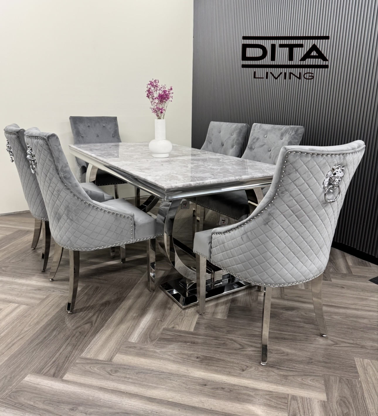 Apollo 180cm marble dining table with Mayfair lion knocker chairs