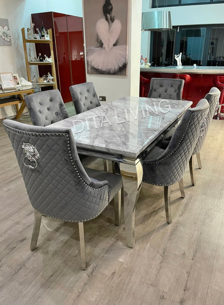 Grey Marble Dining Dining Table And Grey Velvet Chairs Louis