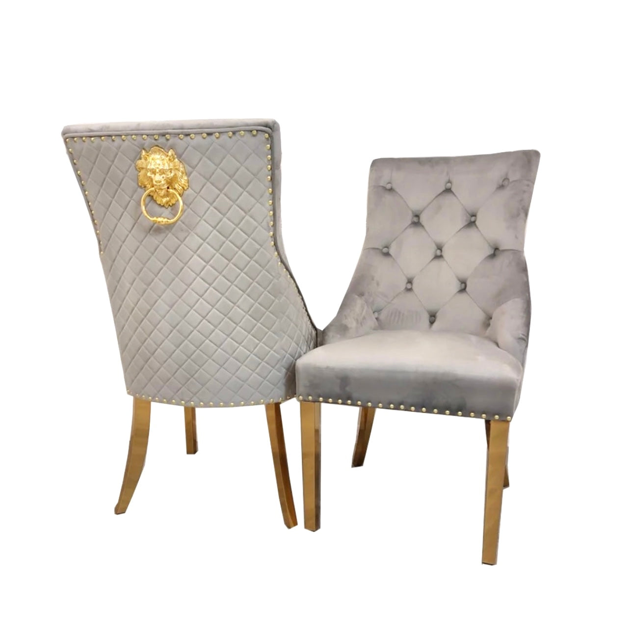 Pair of Mayfair grey plush velvet lion knocker dining chairs
