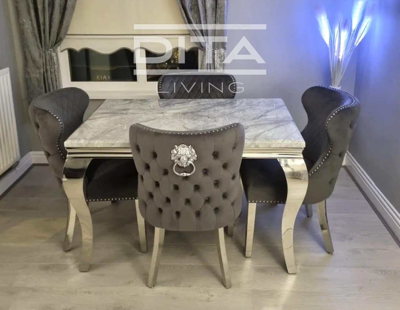 Louis 120cm grey marble dining table with Sophia lion knocker chairs