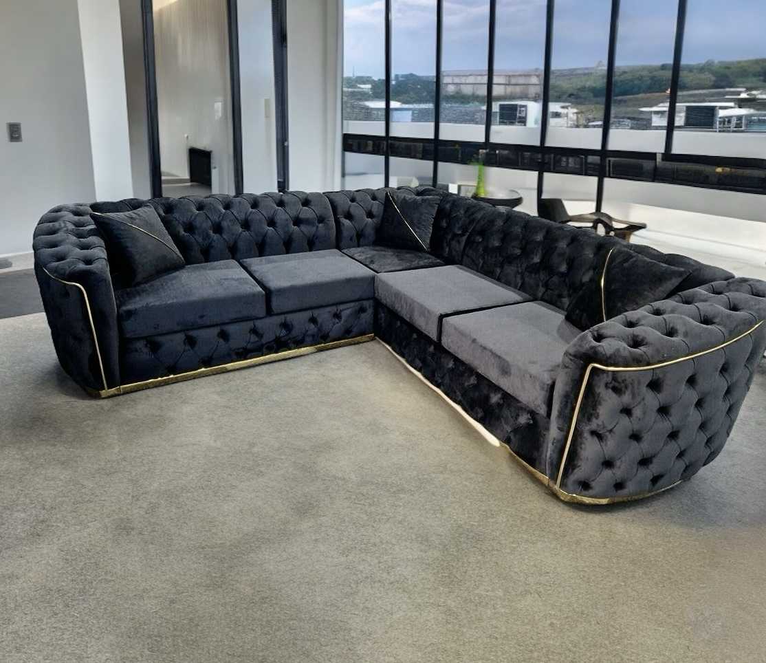 Ravello black plush velvet deep button corner sofa