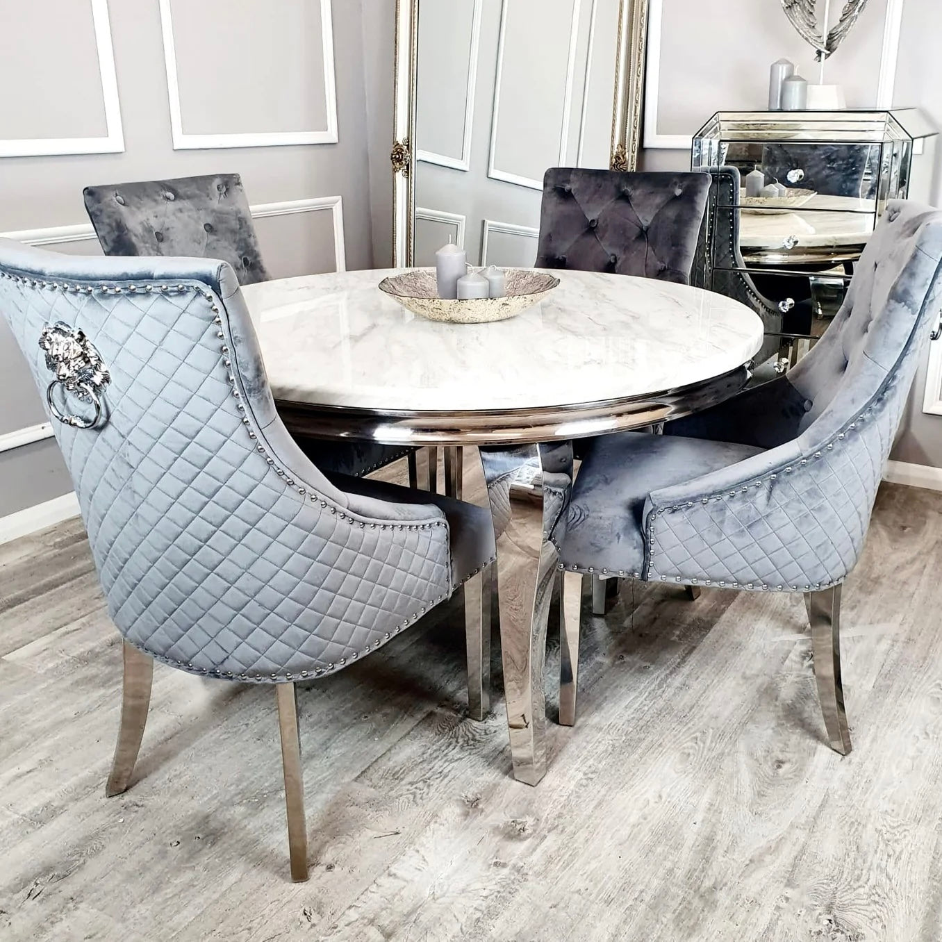 Louis 130cm marble dining table with Mayfair lion knocker chairs