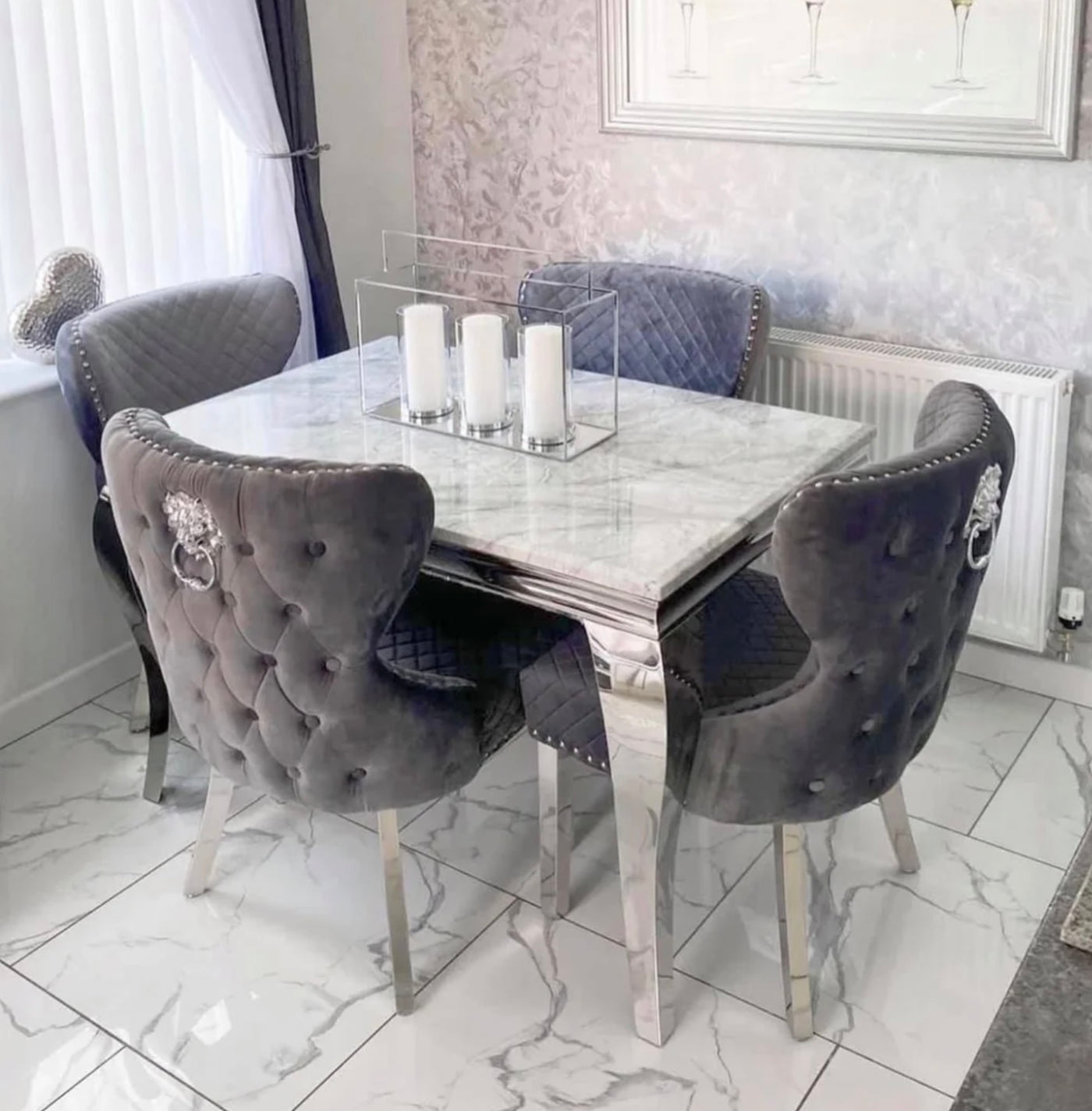 Louis 120cm grey marble dining table with Lewis lion knocker chairs
