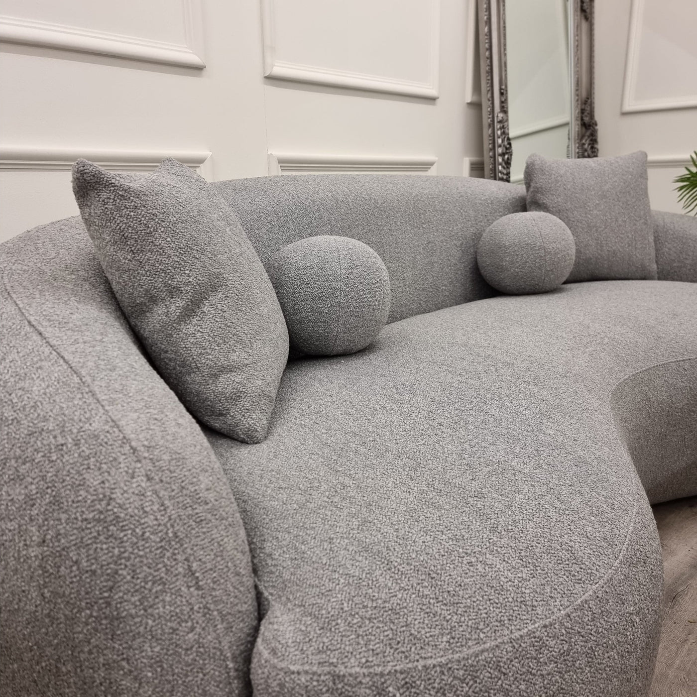 Boucle curved grey 3 seater sofa