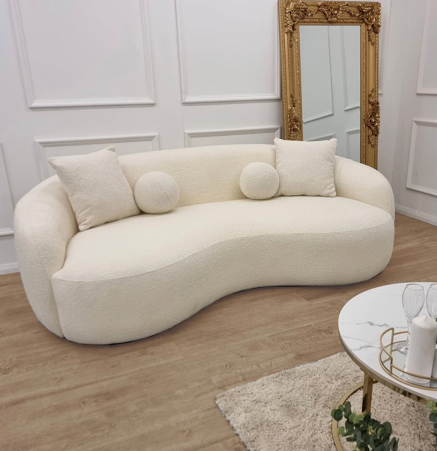 Boucle curved ivory 3 seater sofa