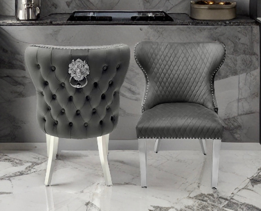Sophia dark grey plush velvet lion knocker dining chairs