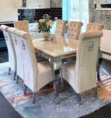 Louis cream marble dining table with Florence knocker chairs