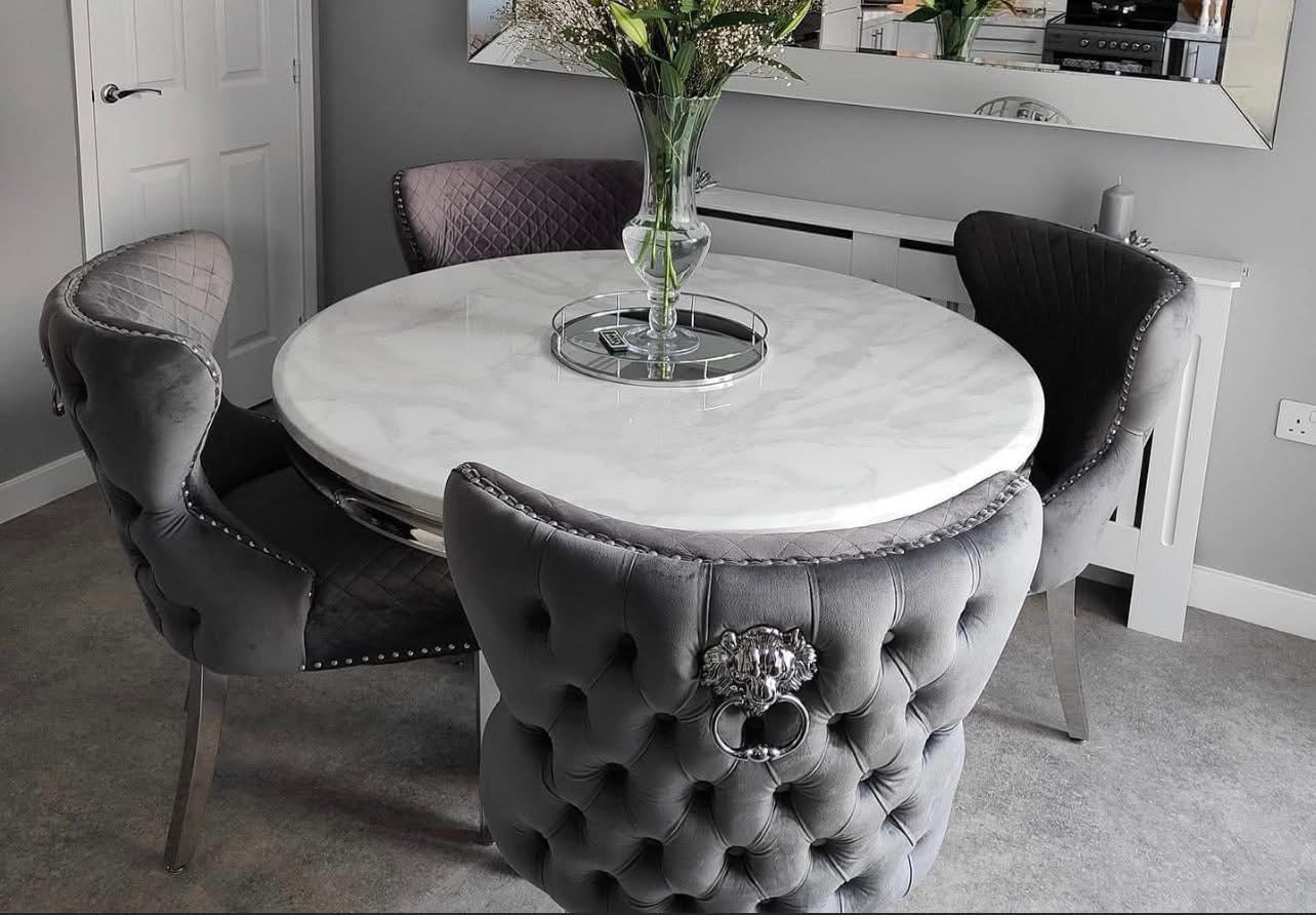 Louis round white marble dining table with Sophia lion knocker chairs