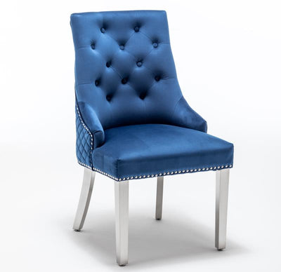 Pair of Mayfair blue plush velvet lion knocker dining chairs