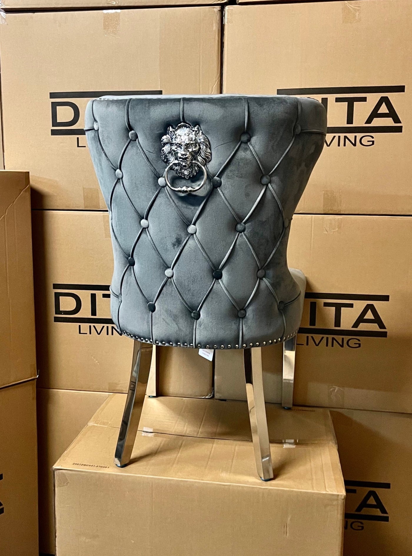 Sienna dark grey plush velvet lion knocker dining chairs