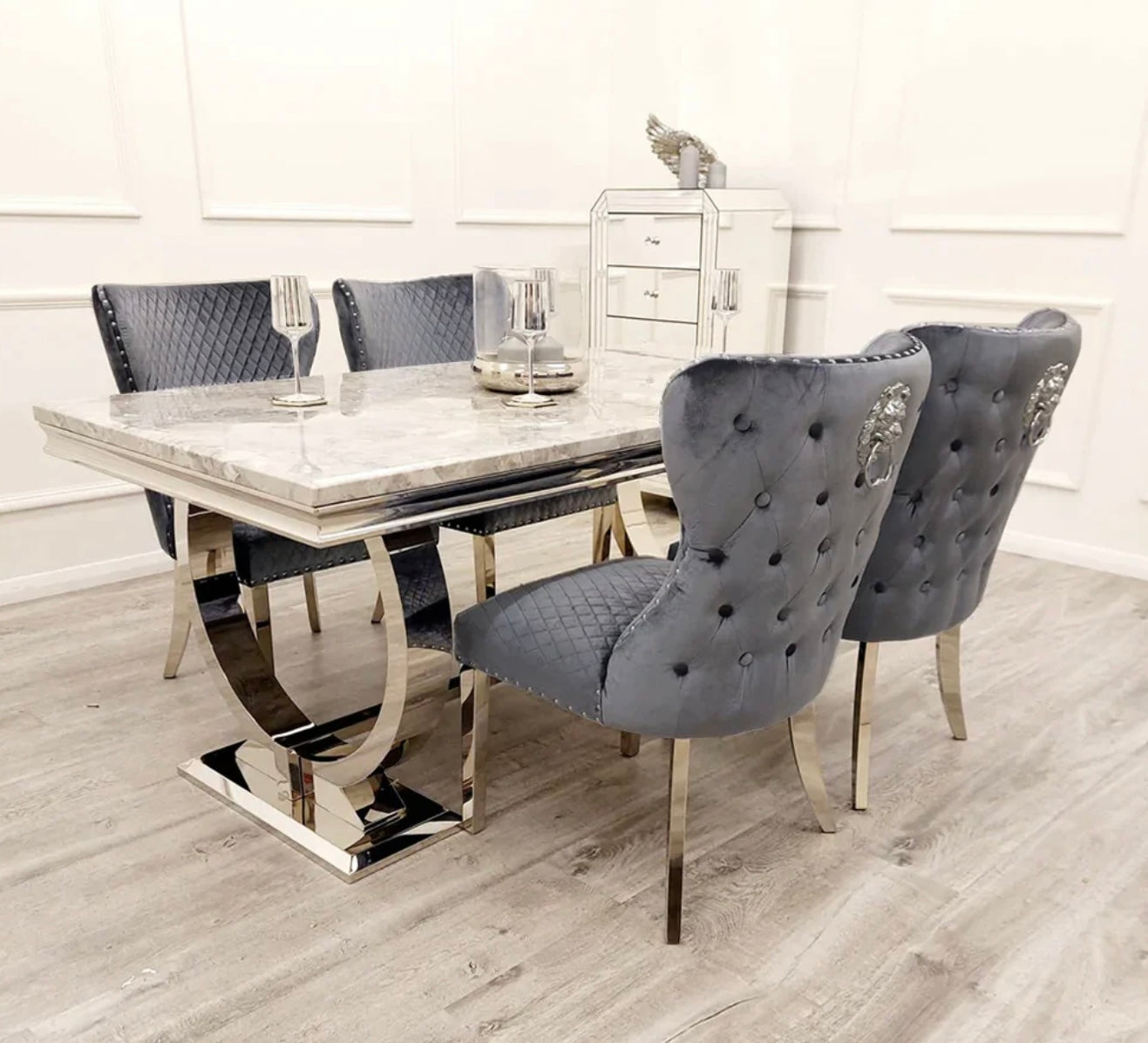 Apollo 180cm marble dining table with Lewis knocker chairs