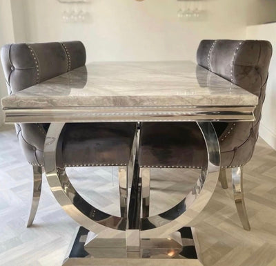 Apollo 180cm marble dining table with Sienna lion knocker chairs