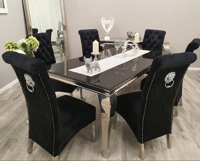 Louis 180cm black glass dining table with Florence knocker chairs