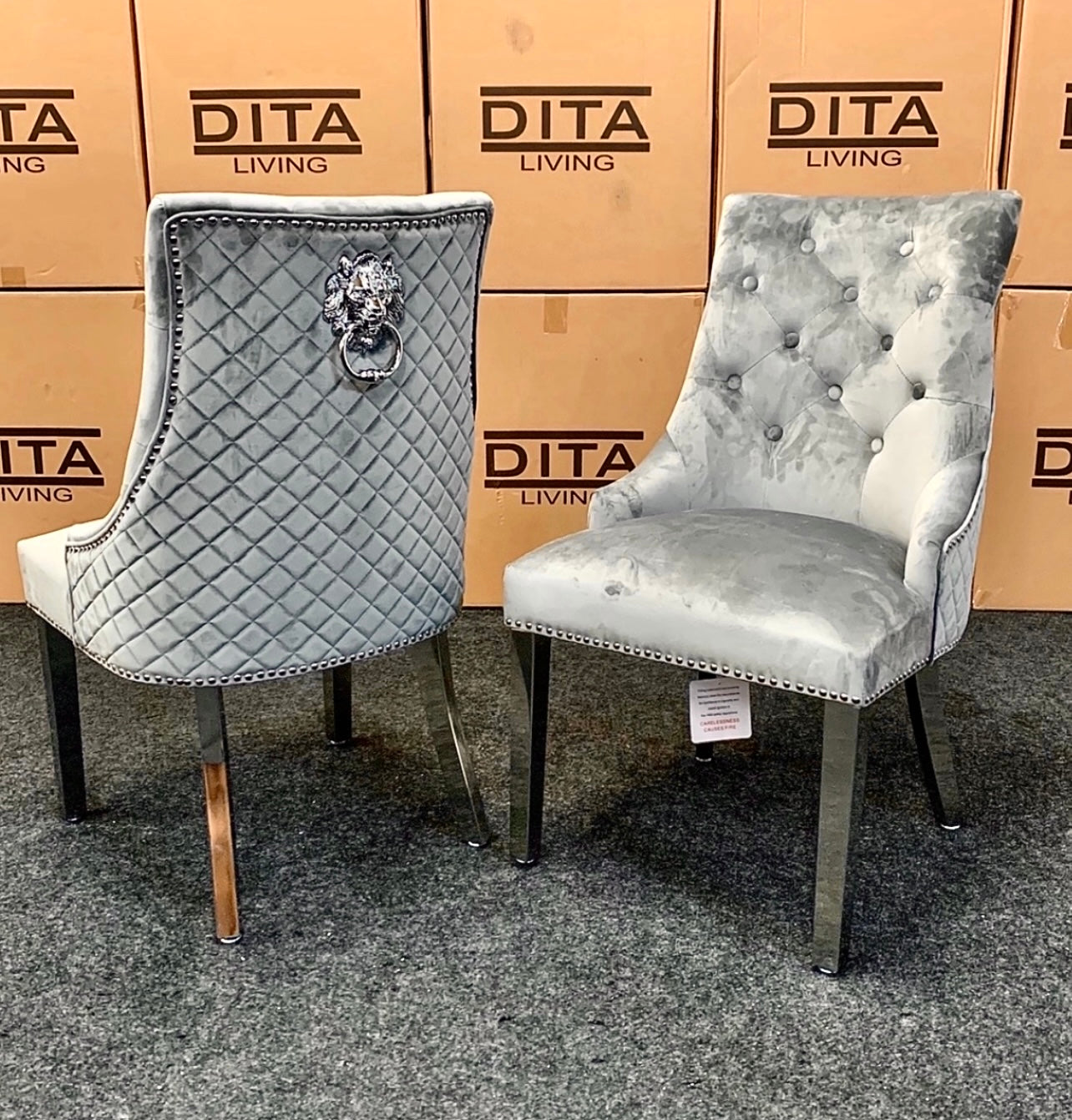 Pair of Mayfair light grey plush velvet lion knocker dining chairs