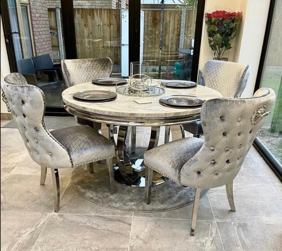 Chelsea 130cm grey marble dining table with Lewis lion knocker chairs