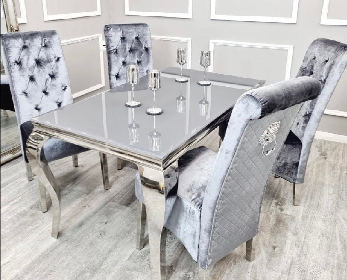 Louis grey glass dining table with Florence knocker chairs