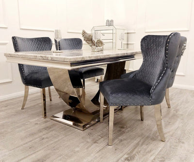 Denver 180cm marble dining table with Lewis lion knocker chairs