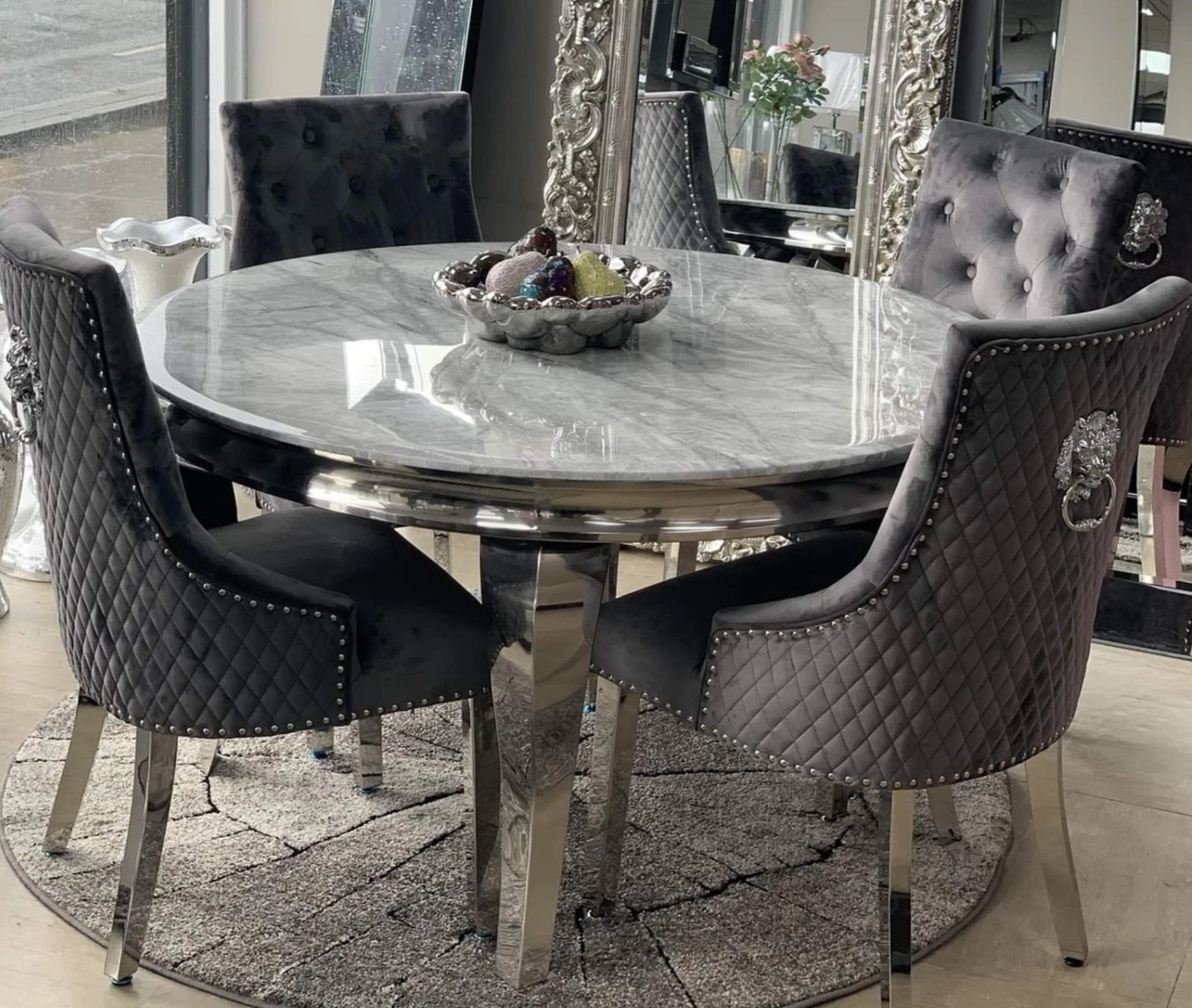 Louis 130cm  grey marble dining table with Mayfair lion knocker chairs