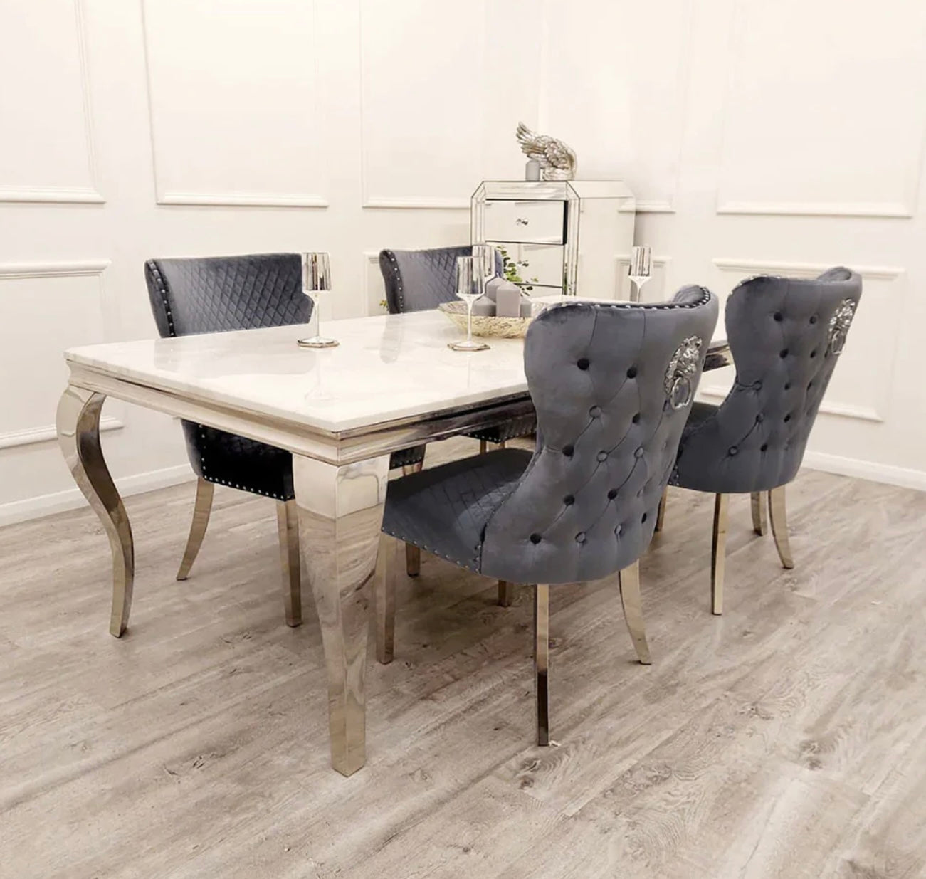 Louis 180cm white marble dining table with Lewis lion knocker chairs