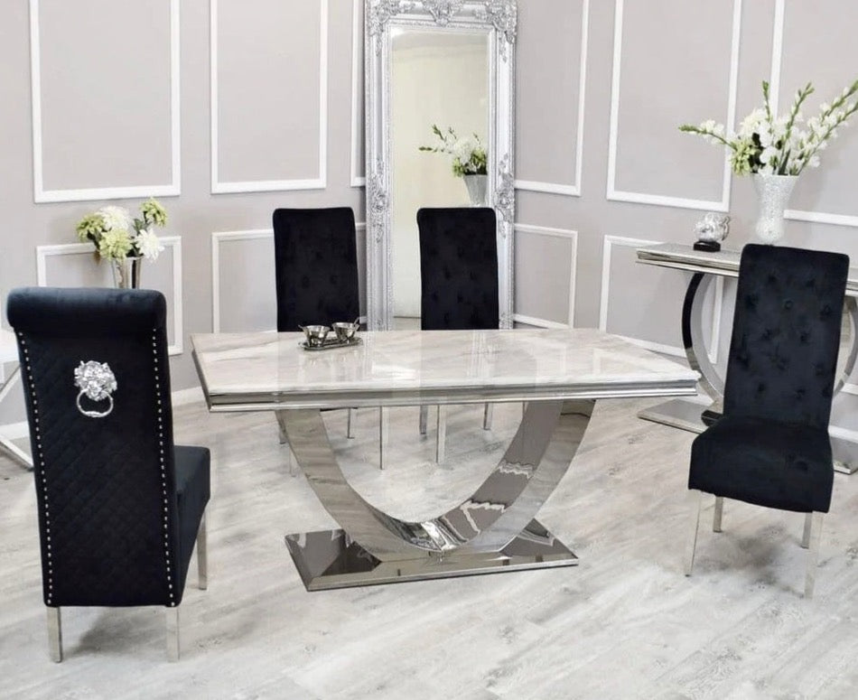 Denver 180cm marble dining with Florence lion knocker chairs