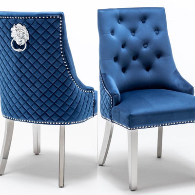 Pair of Mayfair blue plush velvet lion knocker dining chairs