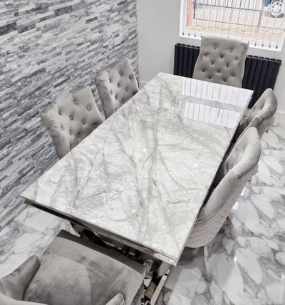 Apollo 180cm marble dining table with Mayfair lion knocker chairs
