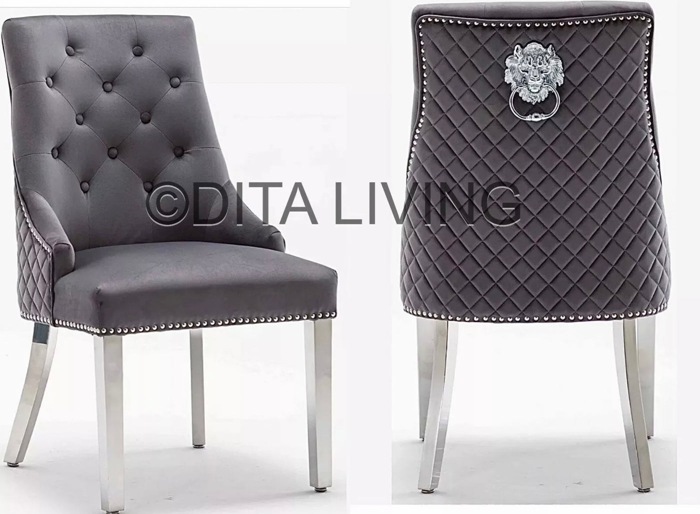 Pair of Mayfair dark grey plush velvet lion knocker dining chairs