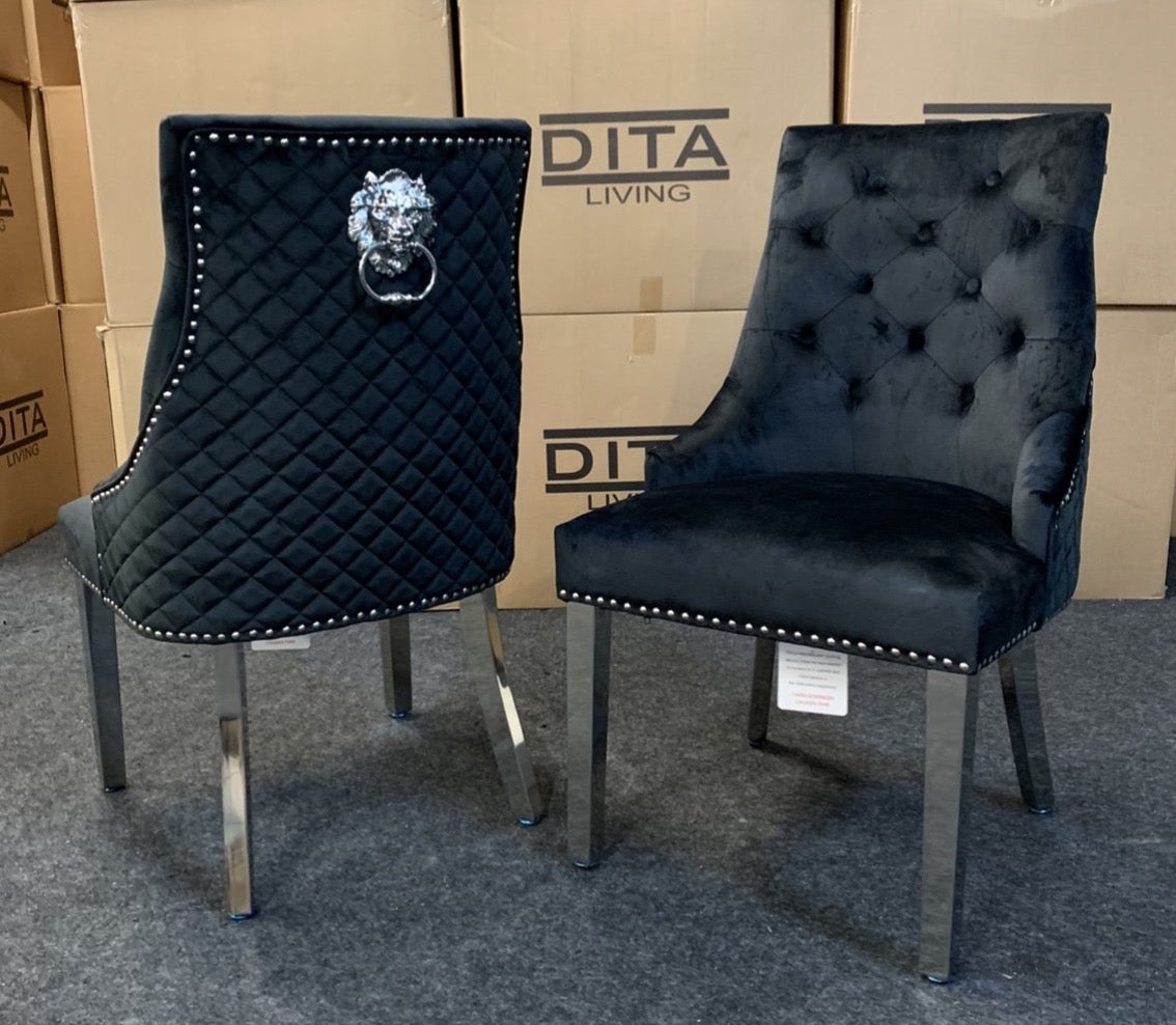 Pair of Mayfair black plush velvet lion knocker dining chairs