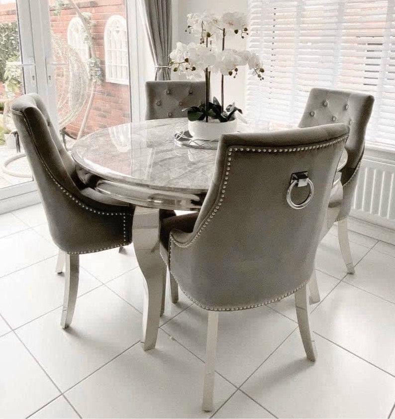 Louis round grey marble dining table with Cambridge knocker chairs