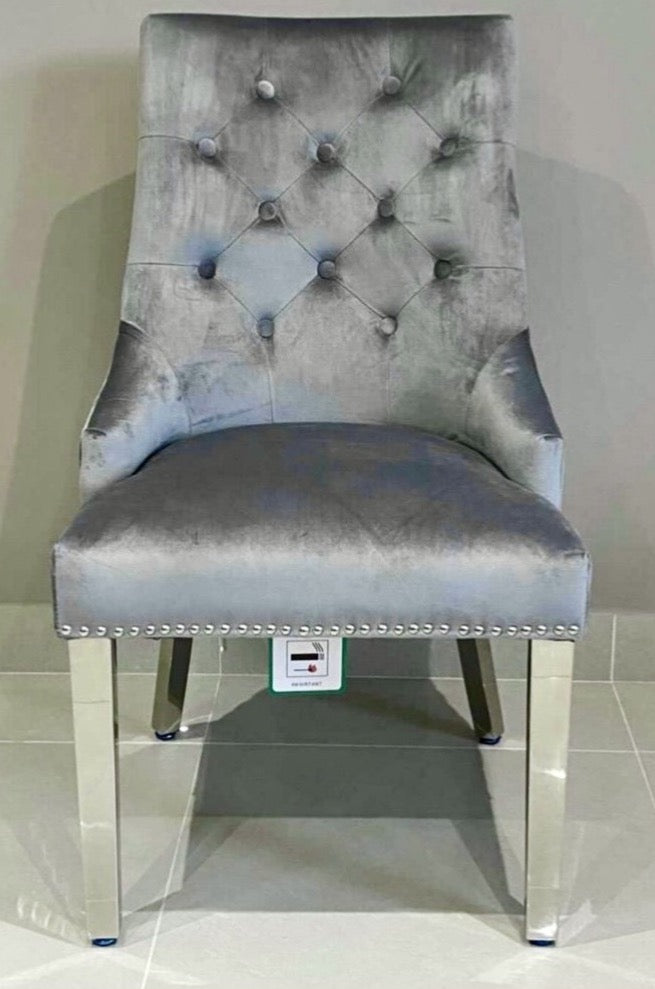 Pair of Mayfair light grey plush velvet lion knocker dining chairs
