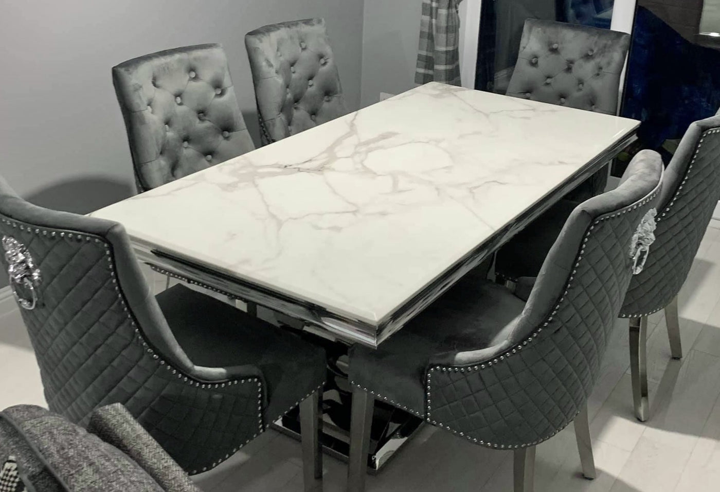 Denver 180cm marble dining table with Mayfair lion knocker chairs