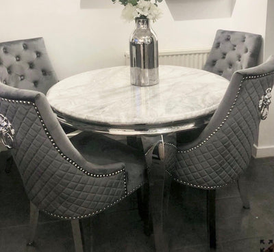 Louis 130cm  grey marble dining table with Mayfair lion knocker chairs