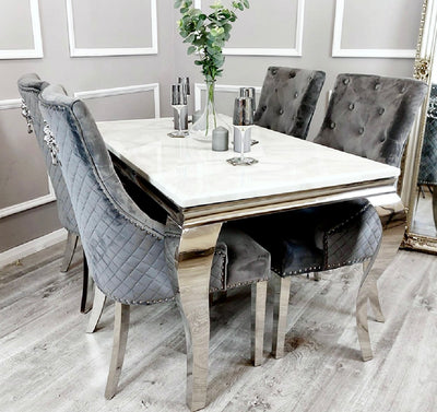 Louis 180cm white marble dining table with mayfair lion knocker chairs