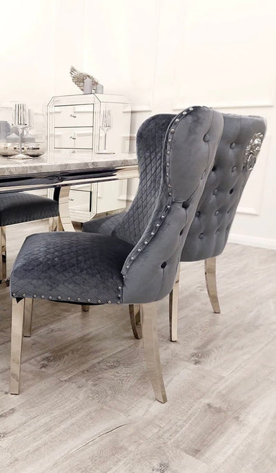 Louis 100cm grey marble dining table with Lewis lion knocker chairs