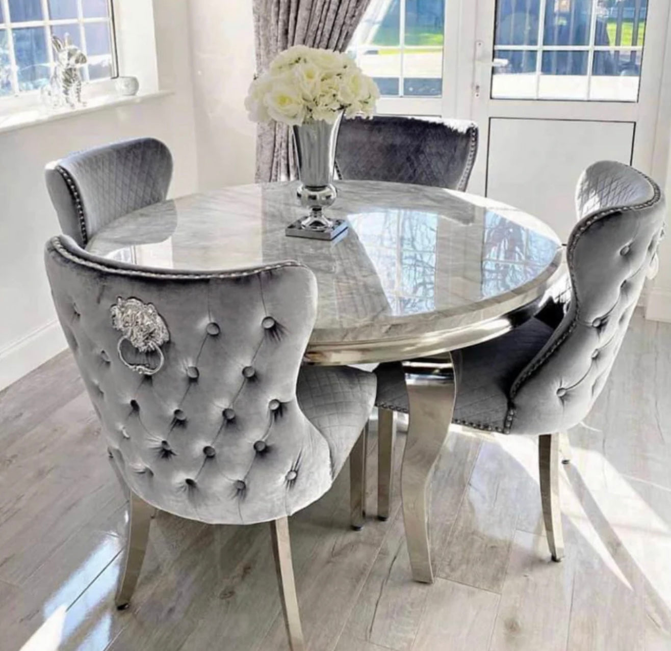 Louis 130cm grey marble dining table with Lewis lion knocker chairs