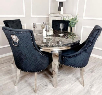 Louis 130cm black marble dining table with Mayfair lion knocker chairs