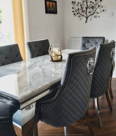 Louis 180cm marble dining table with mayfair lion knocker chairs