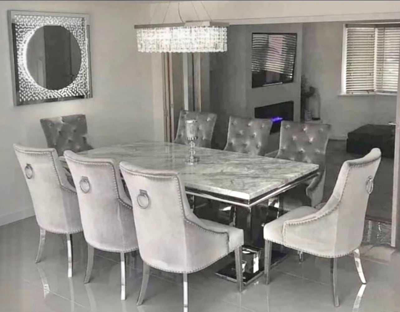 Apollo 200cm marble dining table with 8 x Cambridge knocker chairs