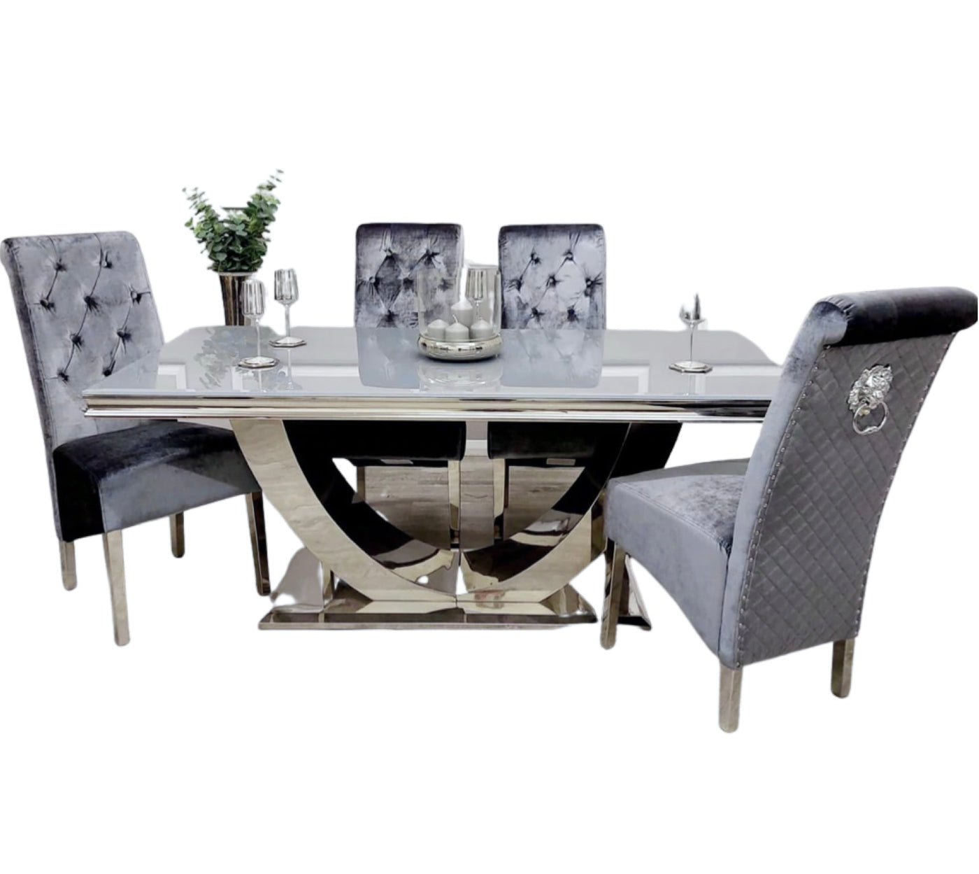 Denver 180cm grey glass dining table with Florence lion knocker chairs