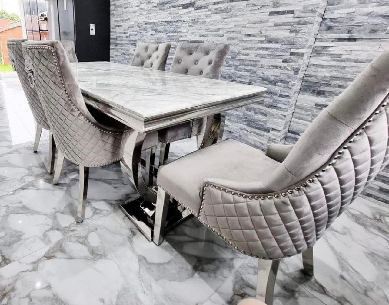 Apollo 180cm marble dining table with Mayfair lion knocker chairs