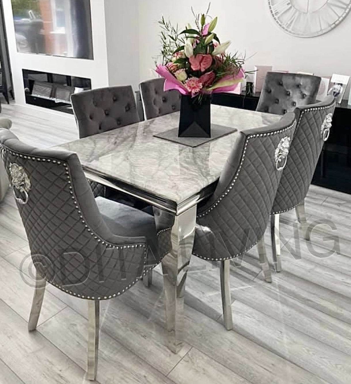Louis 150cm grey marble dining table with Mayfair knocker chairs