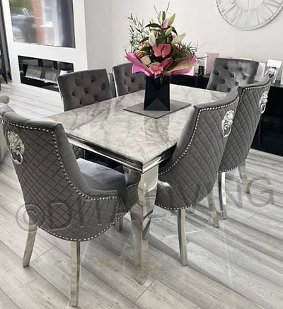 Louis 150cm grey marble dining table with Mayfair knocker chairs