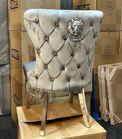 Sienna Light grey plush velvet lion knocker dining chairs