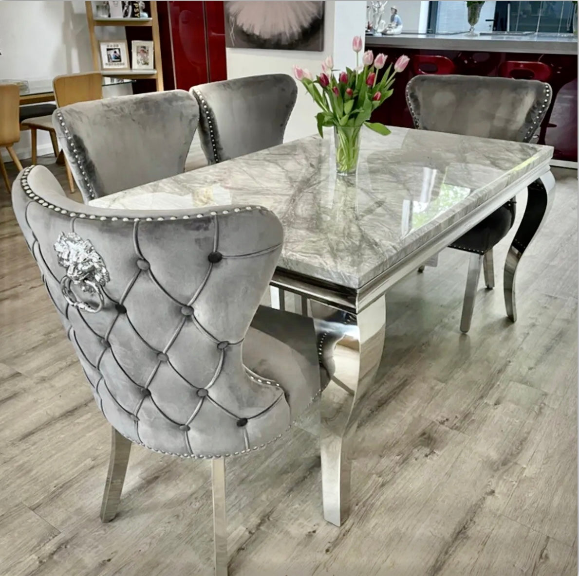 Sienna Light grey plush velvet lion knocker dining chairs