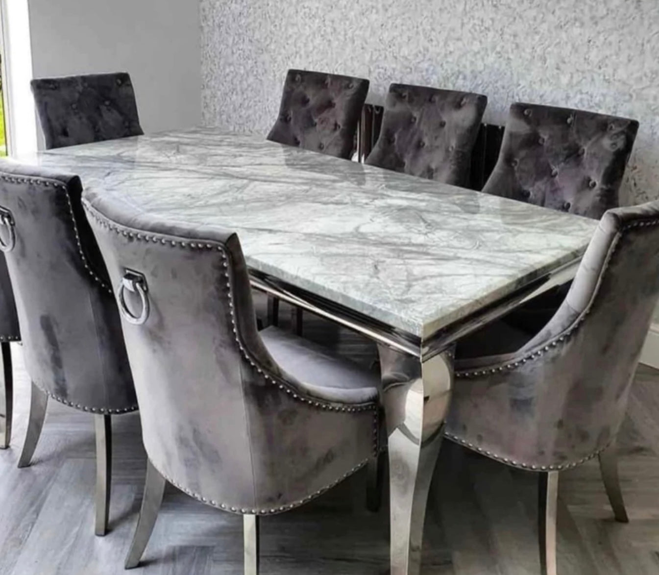 Louis 200cm marble dining table with Cambridge knocker chairs